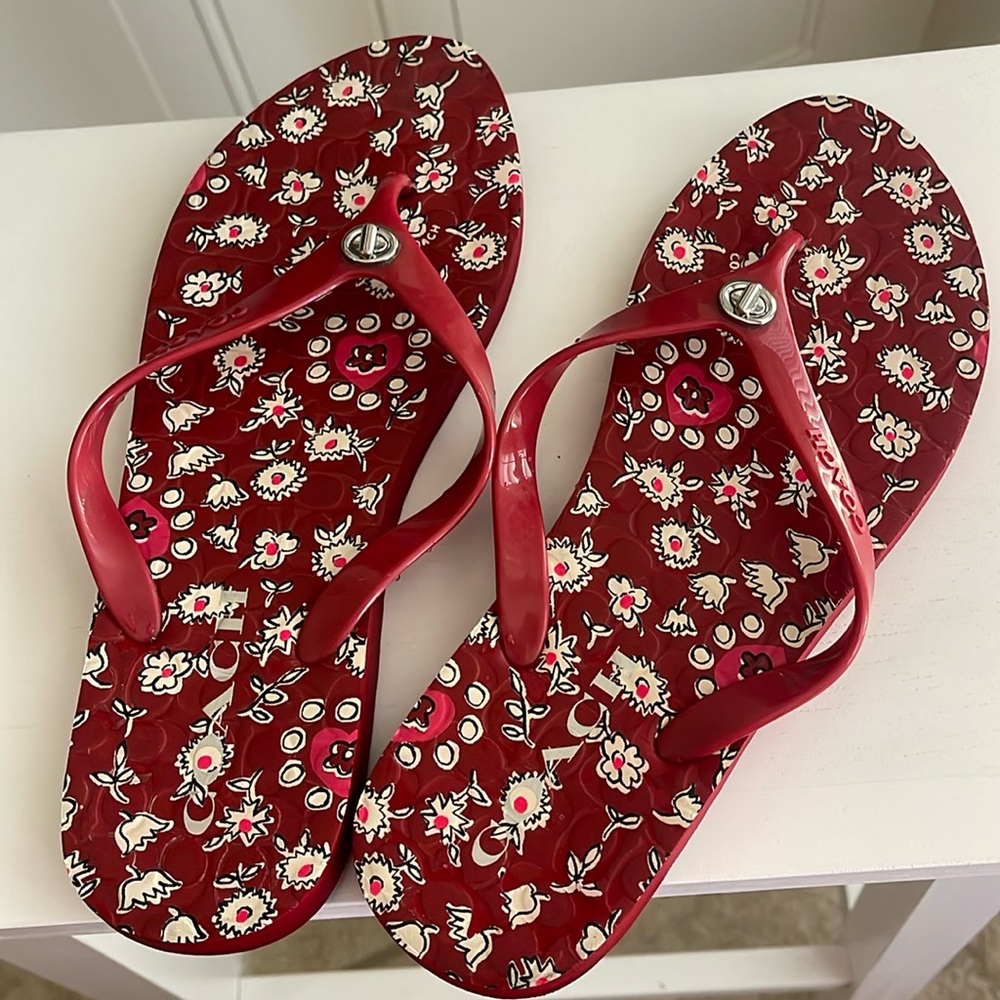 COACH Floral Red Flip Flops Size 7-8